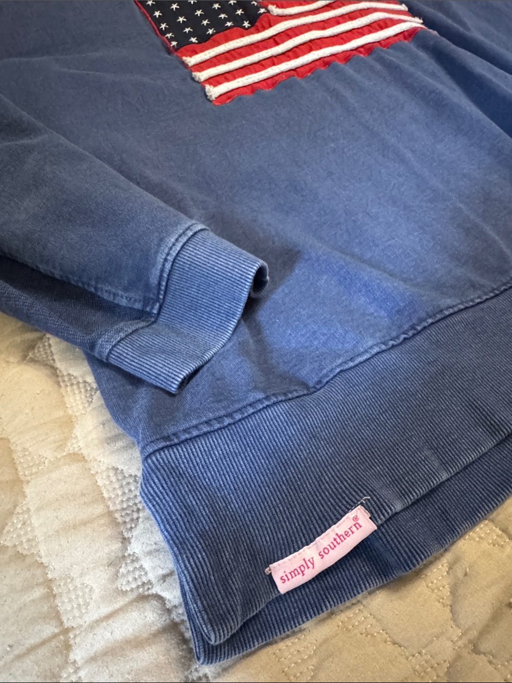 Simply Southern Blue Crewneck Sweatshirt with Red White Flag Patch - Picture 4 of 8